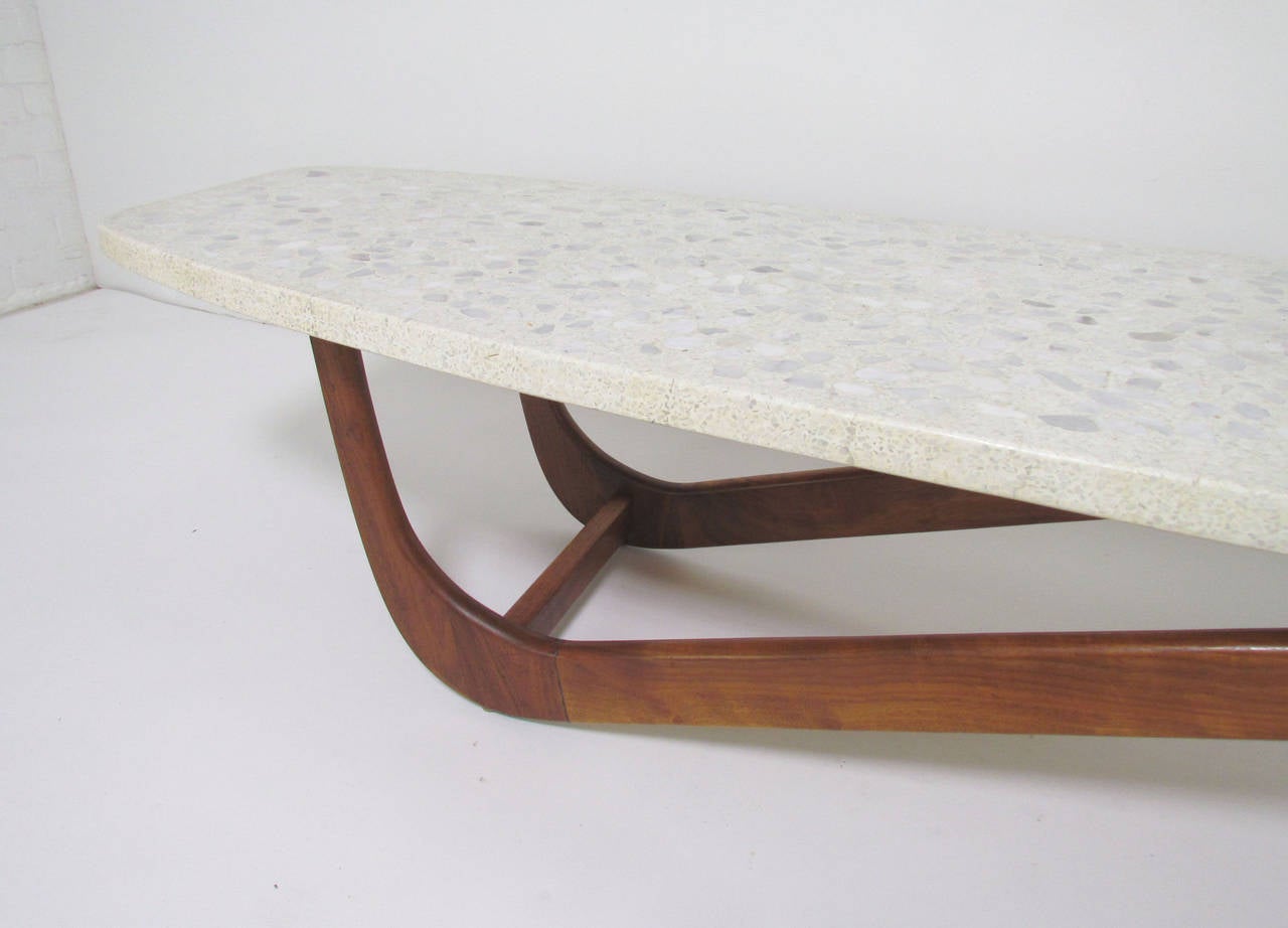 Mid-Century Modern Rare Carved Walnut and Terrazzo Coffee Table in the Style of Adrian Pearsall