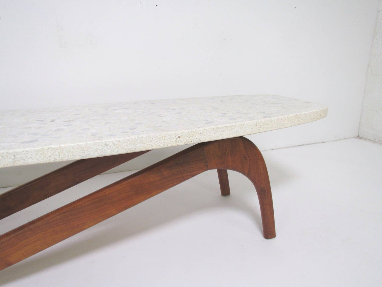American Rare Carved Walnut and Terrazzo Coffee Table in the Style of Adrian Pearsall