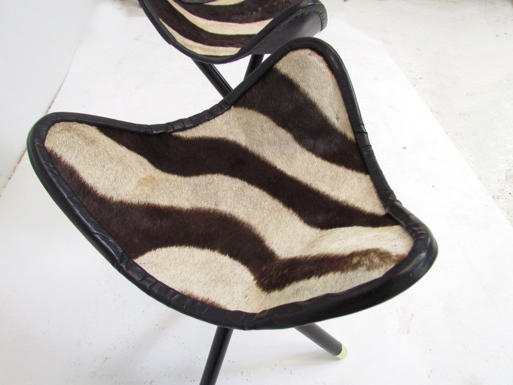 Mid-20th Century Pair of Zebra Hide Tripod Stools by Zimmermann Ltd.