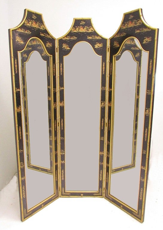 Hollywood Regency Chinoiserie Three Panel Dressing Mirror Screen