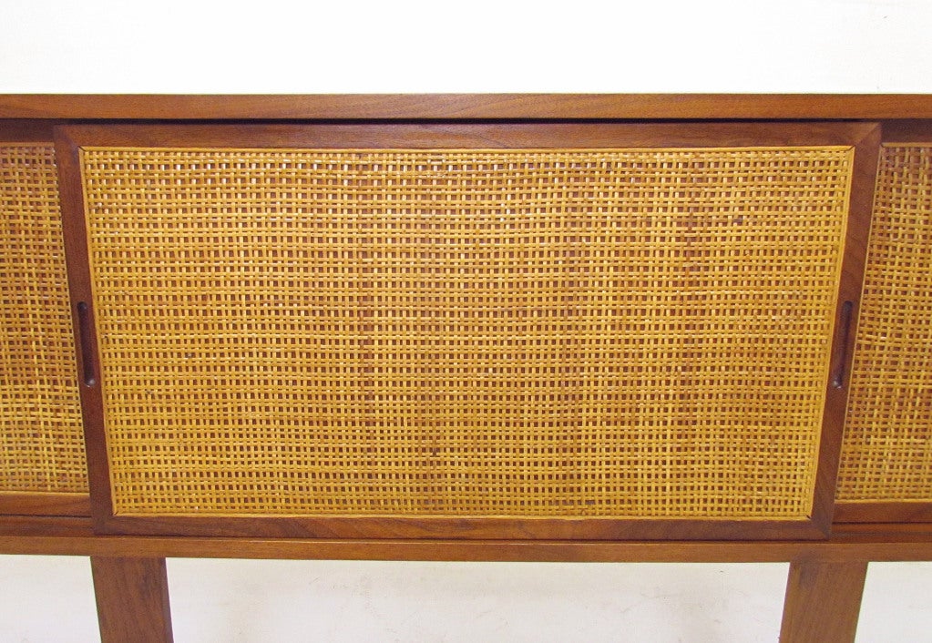 American Mid-Century King Size Storage Headboard in Cane and Walnut