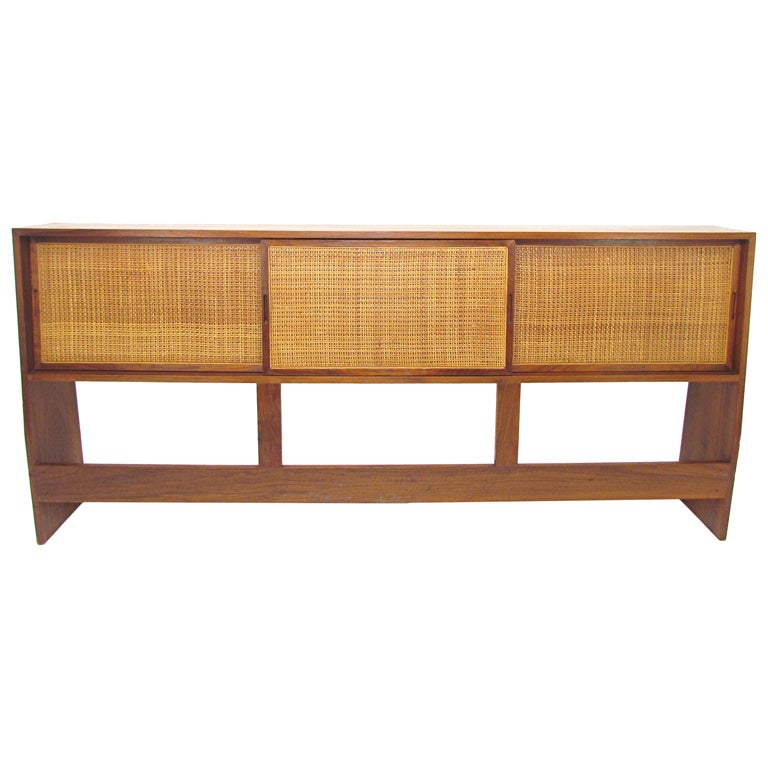 Mid-Century King Size Storage Headboard in Cane and Walnut