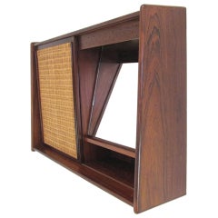 Wall Mounted Danish Rosewood and Cane Mirror Hallway Cabinet