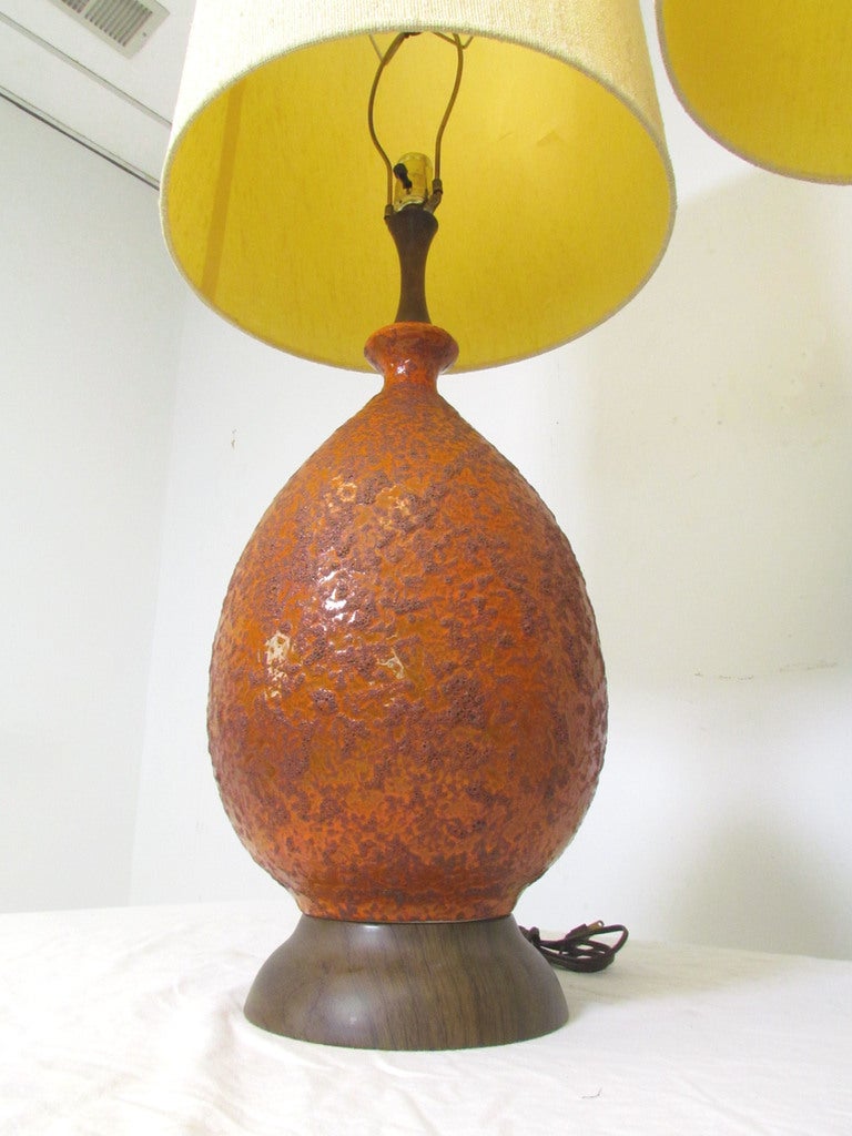Pair of Mid-Century Modern Lamps with Curdled Glaze In Good Condition In Peabody, MA