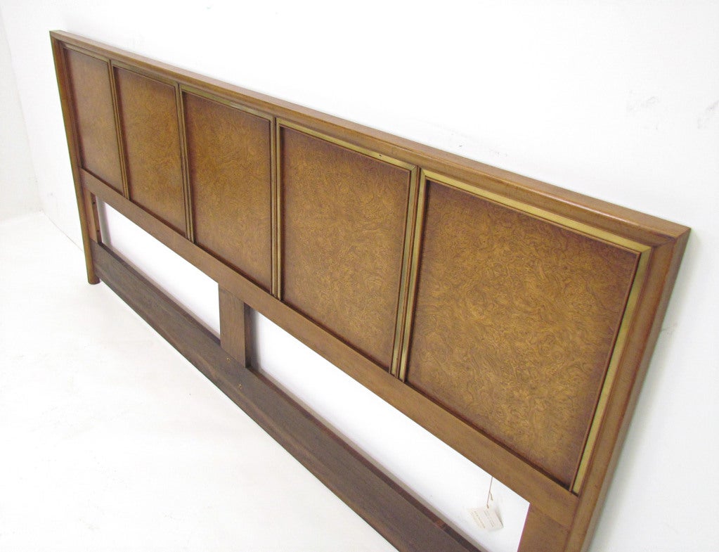 Mid-century modern headboard for a king size bed in olive burlwood and brass, by  Jack Cartwright for Founders, ca. 1960s.