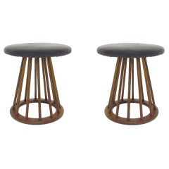 Pair of MId-Century Leather and Walnut Stools Vintage Pair of MId-Century Leather and Walnut Stools