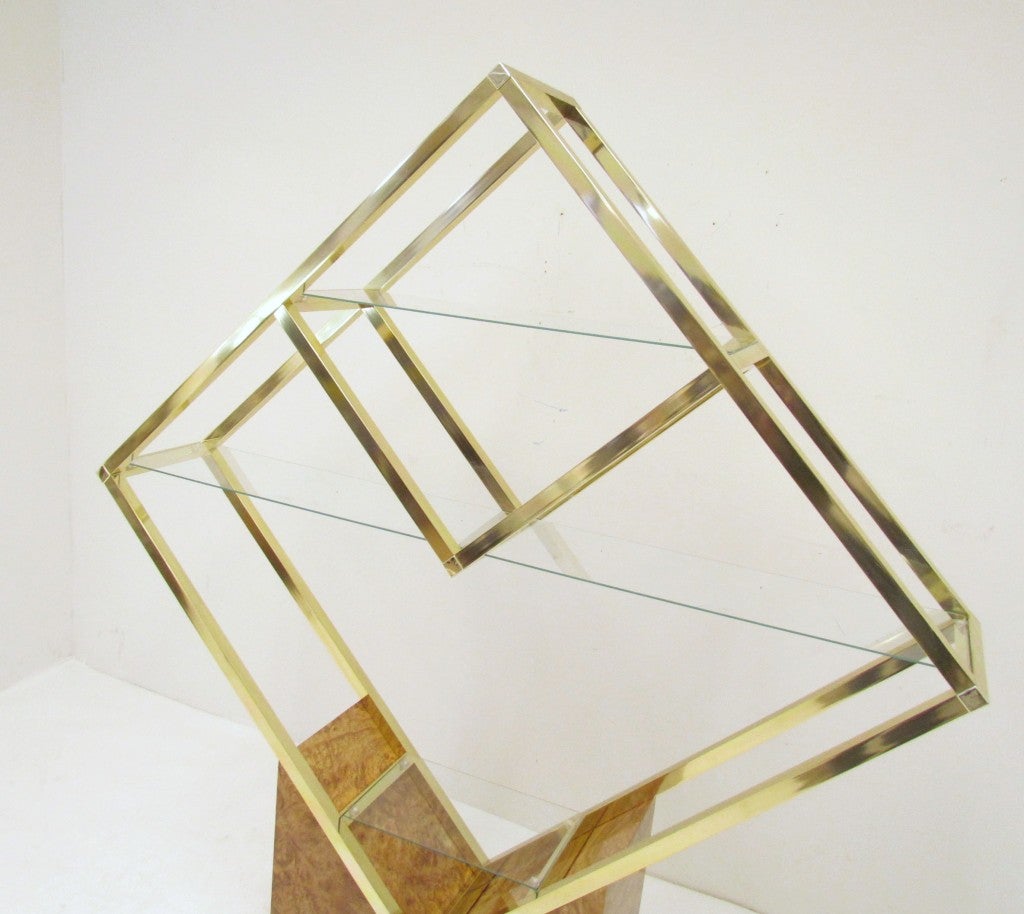 Laminated Large and Unusual Diamond-Form Brass Display Shelf