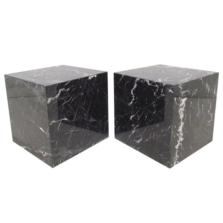 Pr.of Cube Side Tables in Negro Marquina Marble by Pace