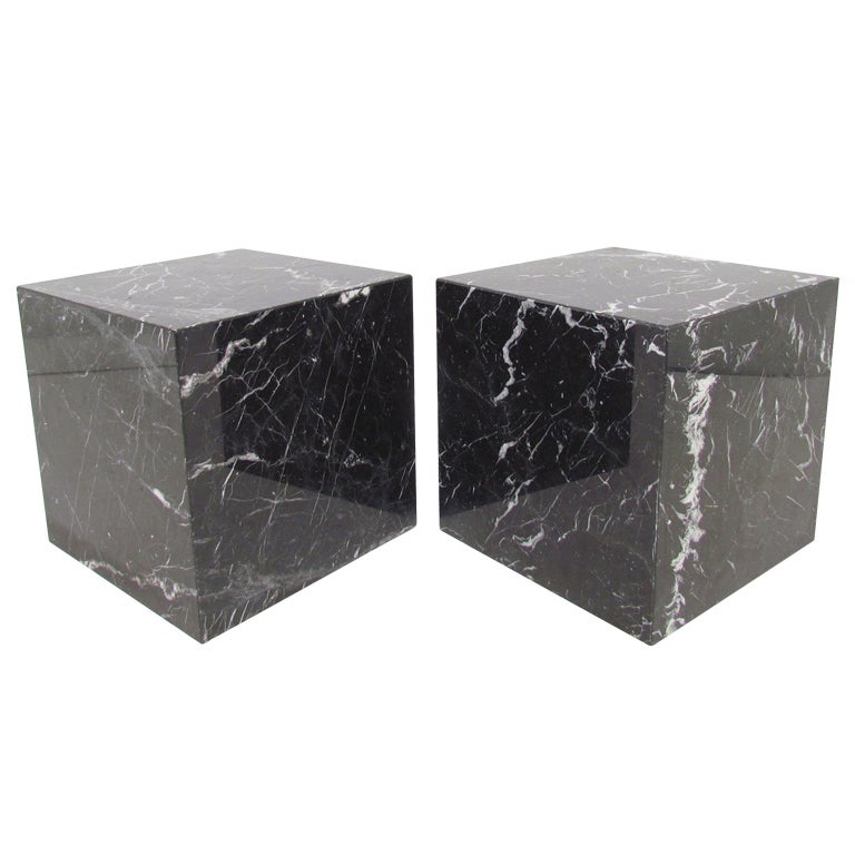 Pr.of Cube Side Tables in Negro Marquina Marble by Pace