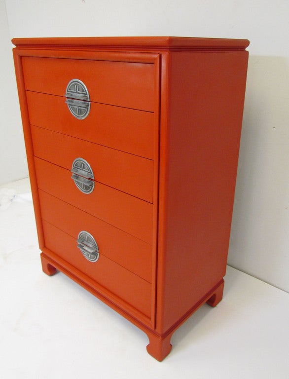 Mid-20th Century Hollywood Regency Highboy Dresser with Asian Inspired Pulls