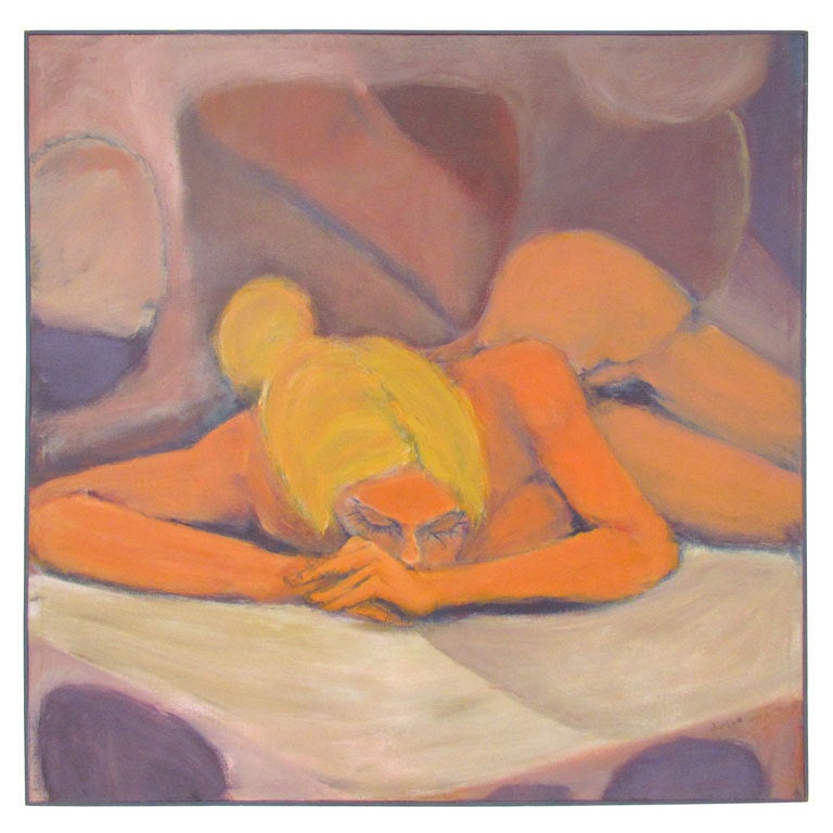 Mid-Century Sofa Size Painting of a Reclining Female Nude