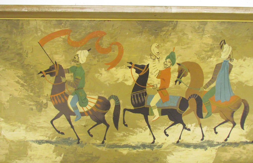 Panoramic 6+ foot long decorative painting signed Chivarz, ca. 1950s or early 1960s. Handpainted tempera scene on pallette knife background in oil depicting a caravan of Persian noblemen on horseback with banners. In deep strip frame of weathered