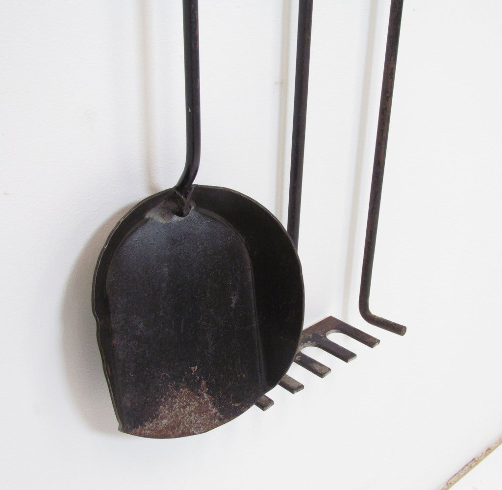 Mid-20th Century Handforged Wall Mounted Modernist Fireplace Tools, ca. 1960s