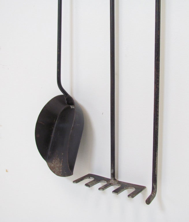 Wrought Iron Handforged Wall Mounted Modernist Fireplace Tools, ca. 1960s