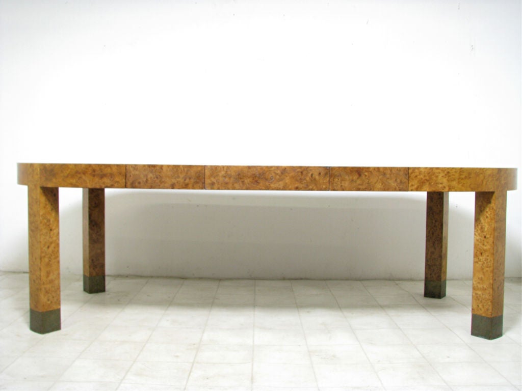 Mid-20th Century Olive Burl Wood Parsons Style Oval Dining Table w/ Three Leaves