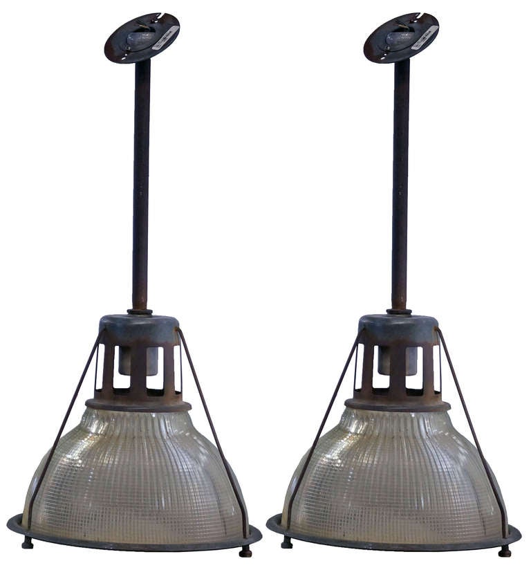 Glass Pair of Industrial Holophane Ribbed Pendant Lamps