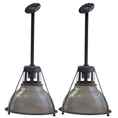 Pair of Industrial Holophane Ribbed Pendant Lamps
