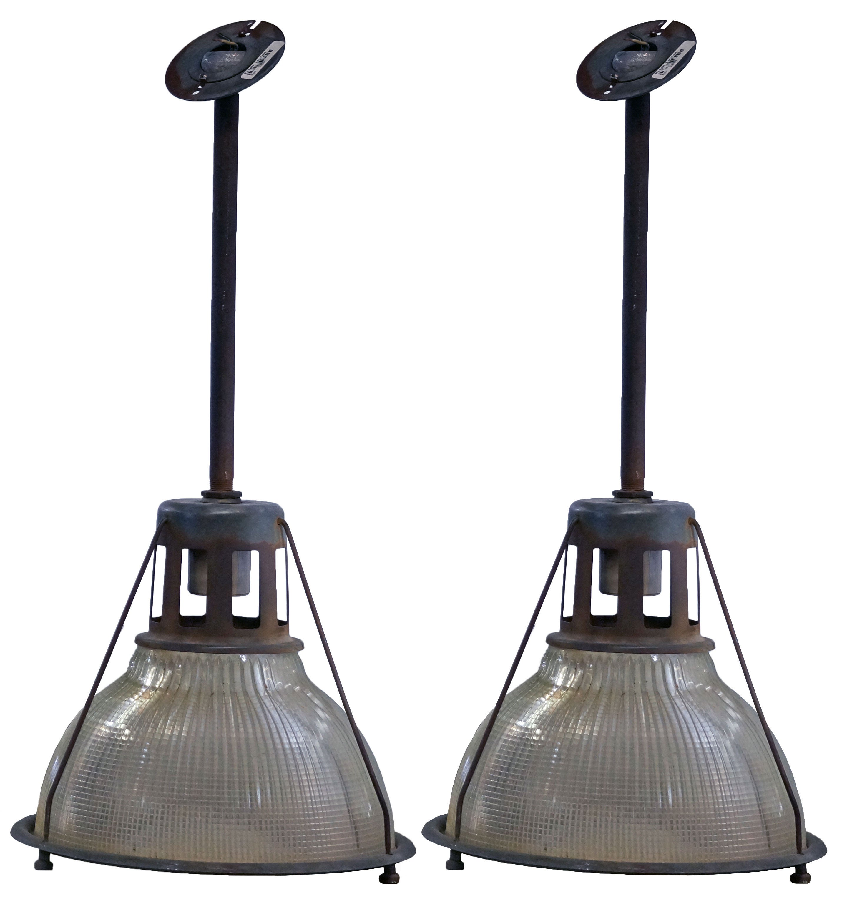 Set of Four Industrial Holophane Ribbed Pendant Lamps