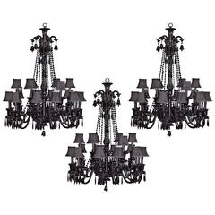 Set of Three 18-Arm Black Crystal Chandeliers