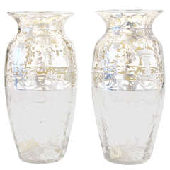 Art Deco Pair of Cut-Glass and Sterling Silver Overlay Vases