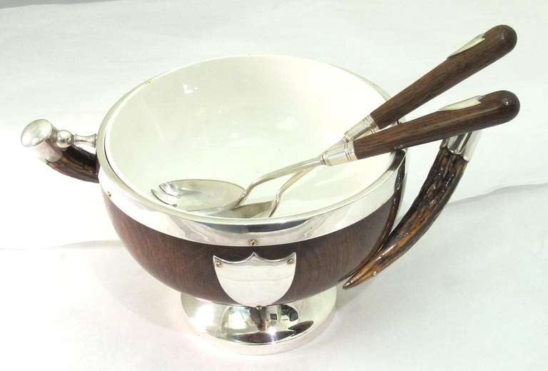 Oak and Silver Plated Salad Bowl with Deer Antler Handles