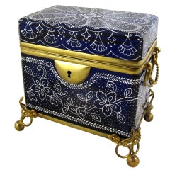 Hand Painted Blue Glass and Gilt Metal Box
