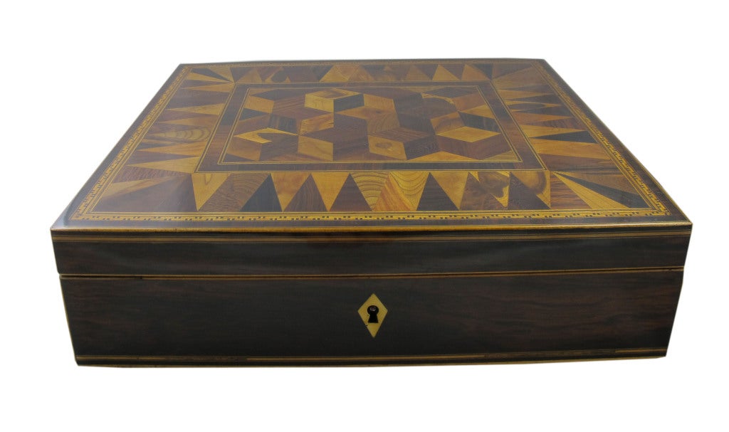 High-quality Georgian tunbridge ware wooden desk with 2
inkwells, letter holder, and stationery/envelope box, English, circa 1830 with original key

*Not available for sale or to ship in the state of California.