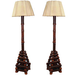 Pair of Adirondack Stacked Log Floor Lamps with Vintage Hide Shade