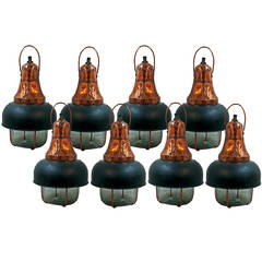 Set of Eight 19th Century Black Hooded Copper Cargo Lights