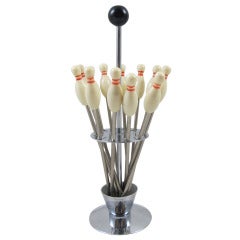 Vintage Bowling Pin Cocktail Picks in Bowling Ball Stand