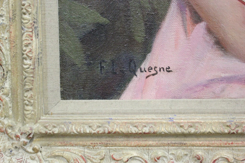 Portrait of a young girl, seated three-quarter-length, in a pink dress with fur-trim, in a landscape signed lower left: 'F.L. Quesne.' 
Fernand Le Quesne (British, b.1856)

Not available for sale or to ship in the state of California.