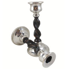 Pair of Sterling Silver and Twisted Wood Candlesticks
