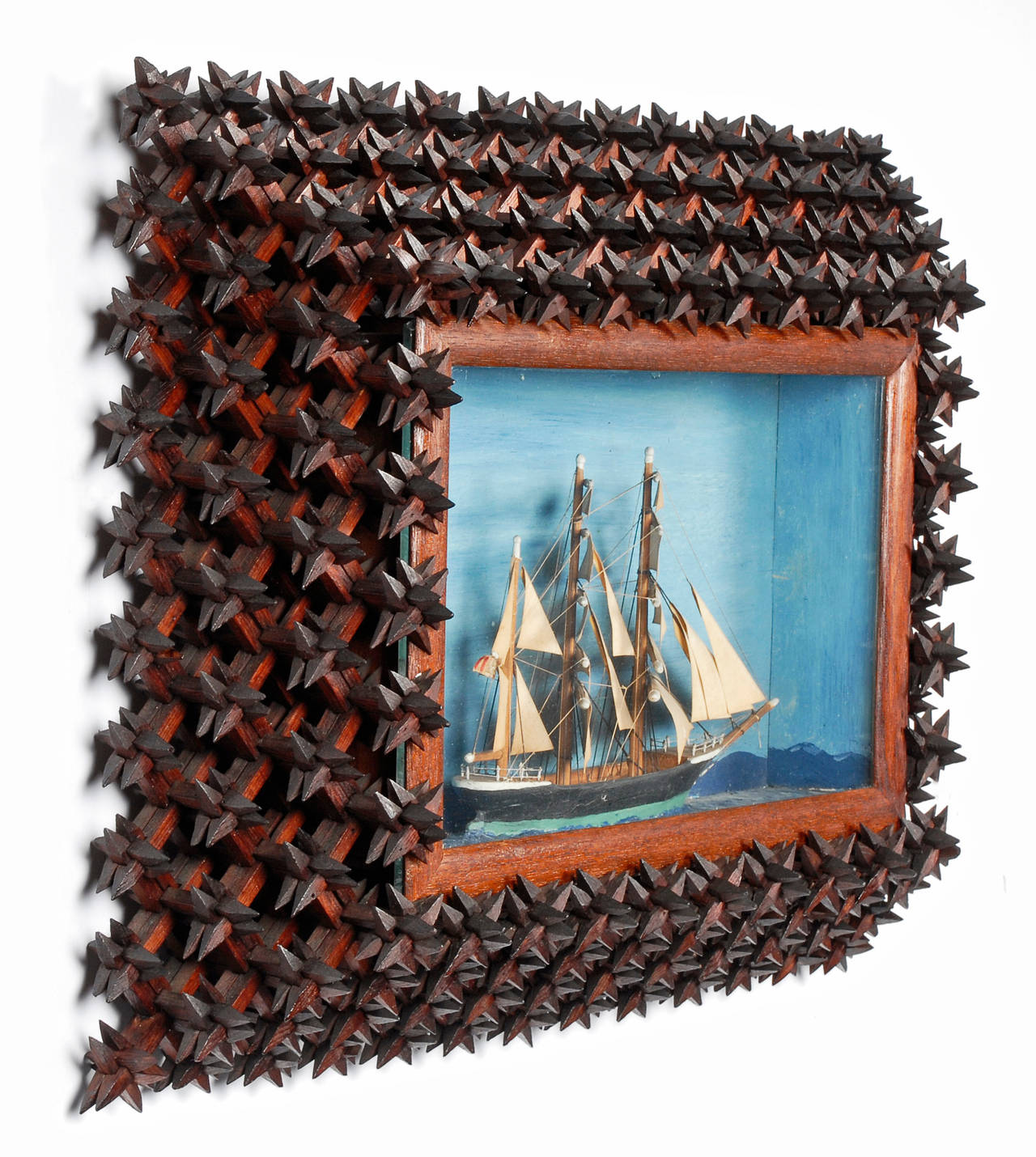 Folk Art Fine Tramp Art Crown-of-Thorns Sailboat Diorama