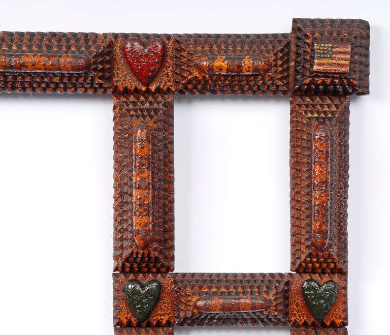 Folk Art Tramp Art Flag Frame with Painted Hearts