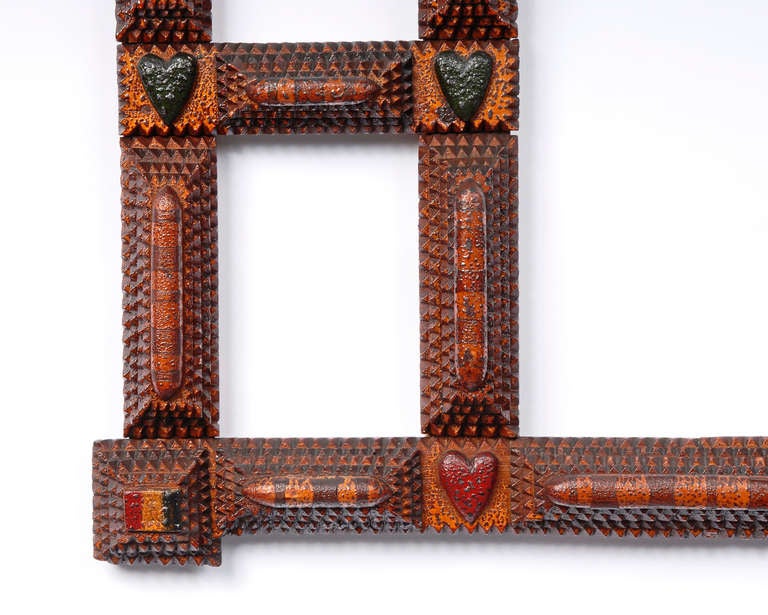 20th Century Tramp Art Flag Frame with Painted Hearts