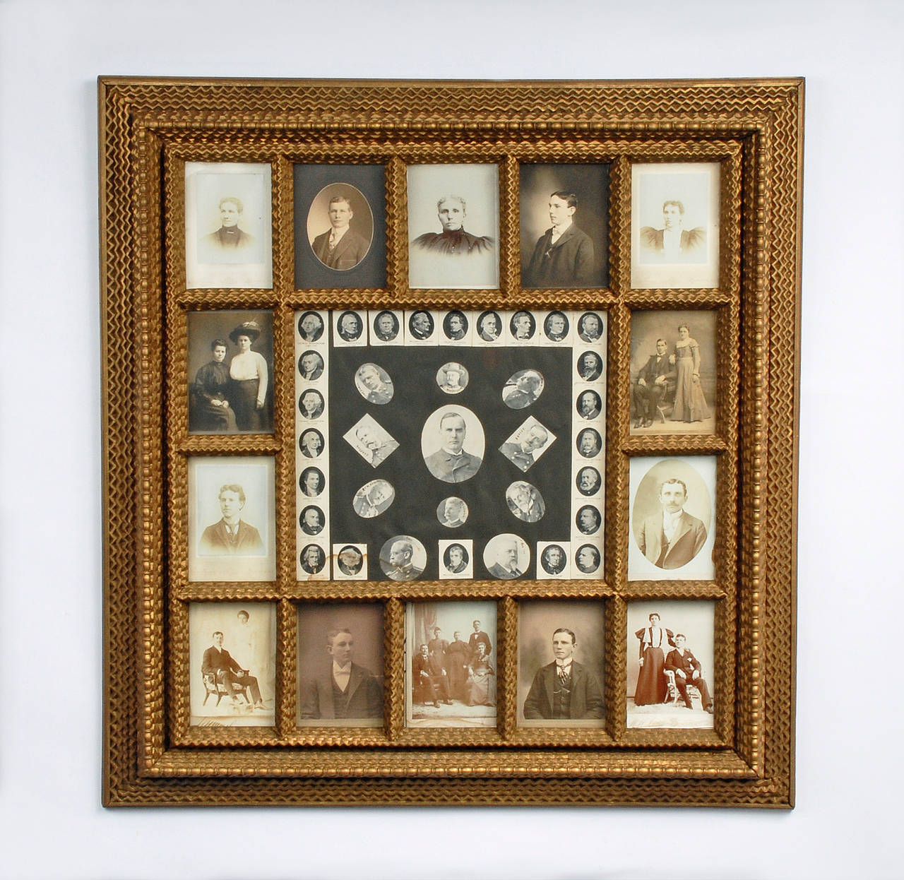 Impressive and large portrait frame with cut-out images of American Presidents and Civil War generals. The central image is of William McKinley the 25th president of the United States and above him is Theodore Roosevelt in his Rough Rider uniform.