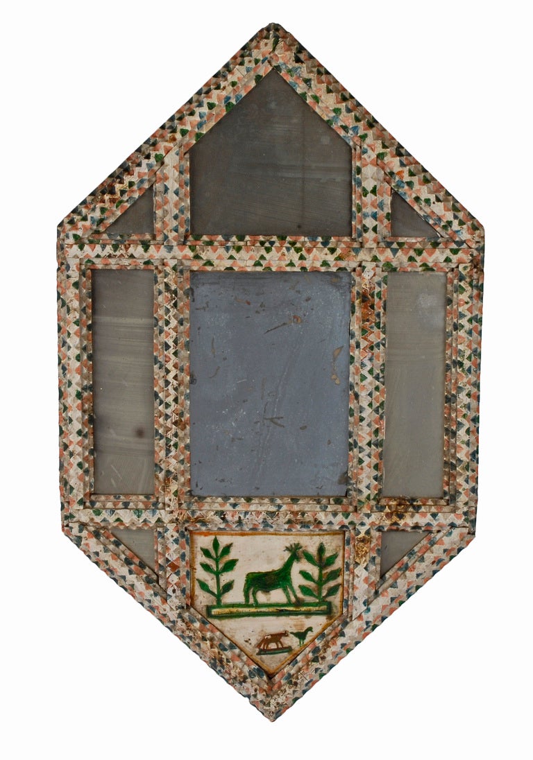 Paint Decorated Tramp Art Mirror with Carved Animals