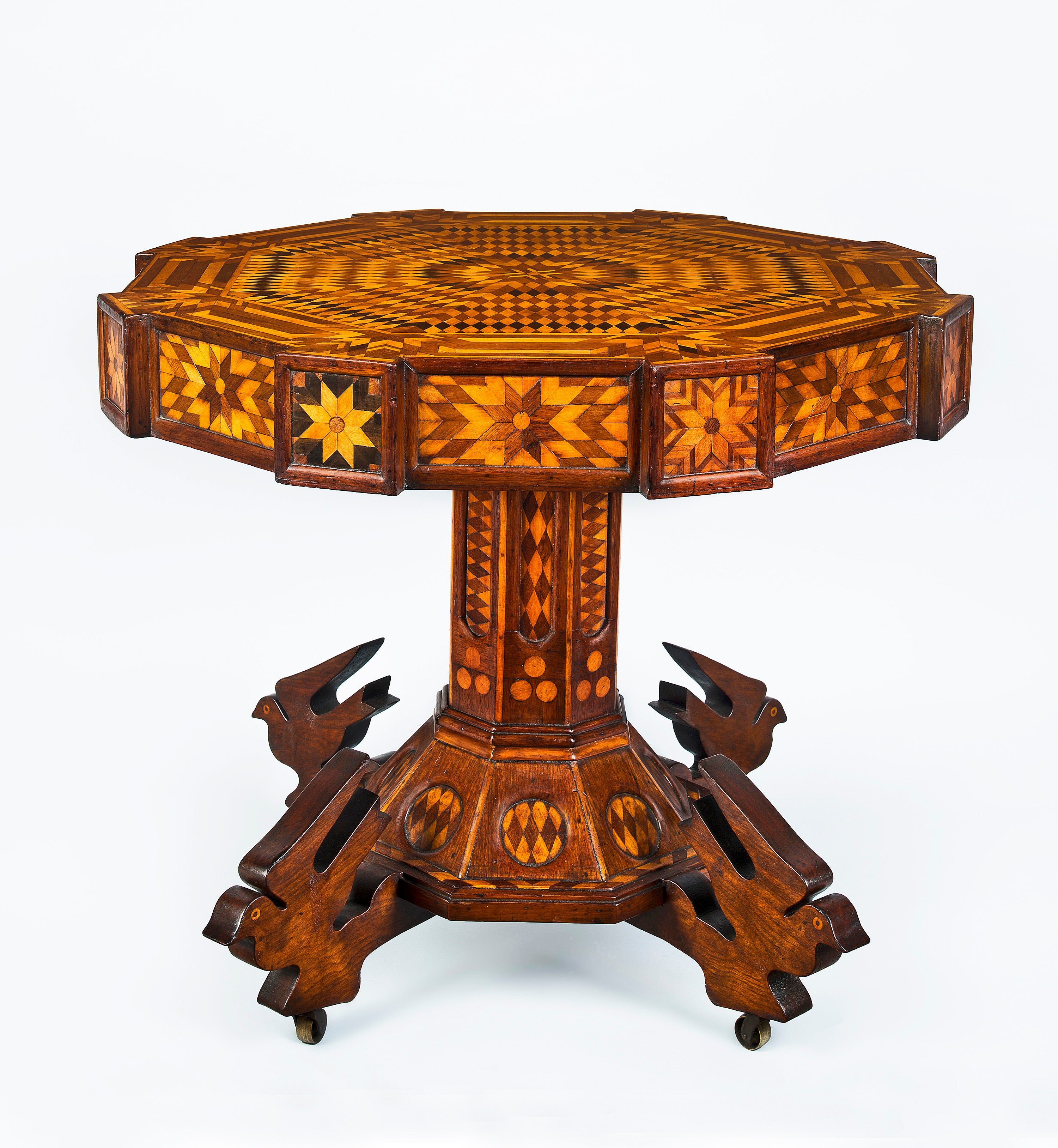 Masterful Folk Marquetry Table with Carved Birds For Sale