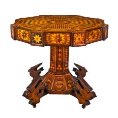 Masterful Folk Marquetry Table with Carved Birds