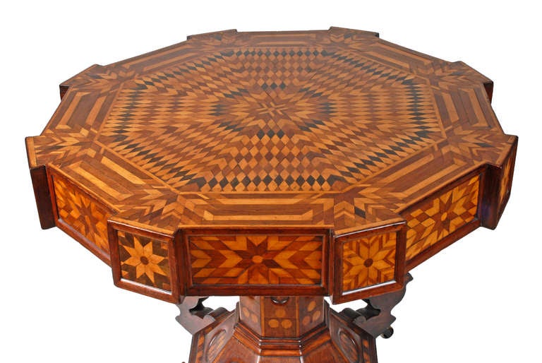 American Masterful Folk Marquetry Table with Carved Birds For Sale