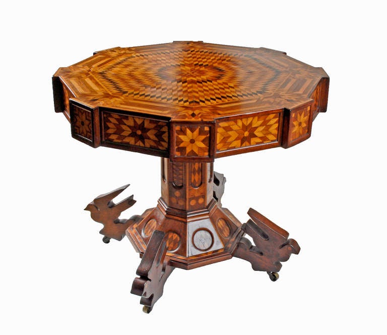 Masterful Folk Marquetry Table with Carved Birds In Excellent Condition For Sale In Manalapan, NJ