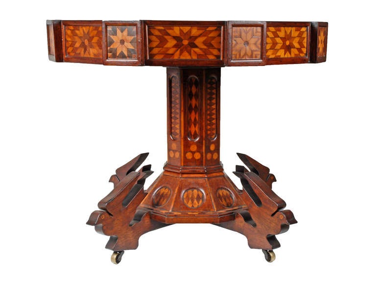 19th Century Masterful Folk Marquetry Table with Carved Birds For Sale