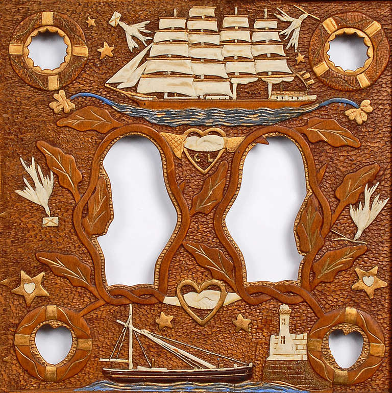 American Fine Nautical Themed Tramp Art Frame with Relief Carvings For Sale