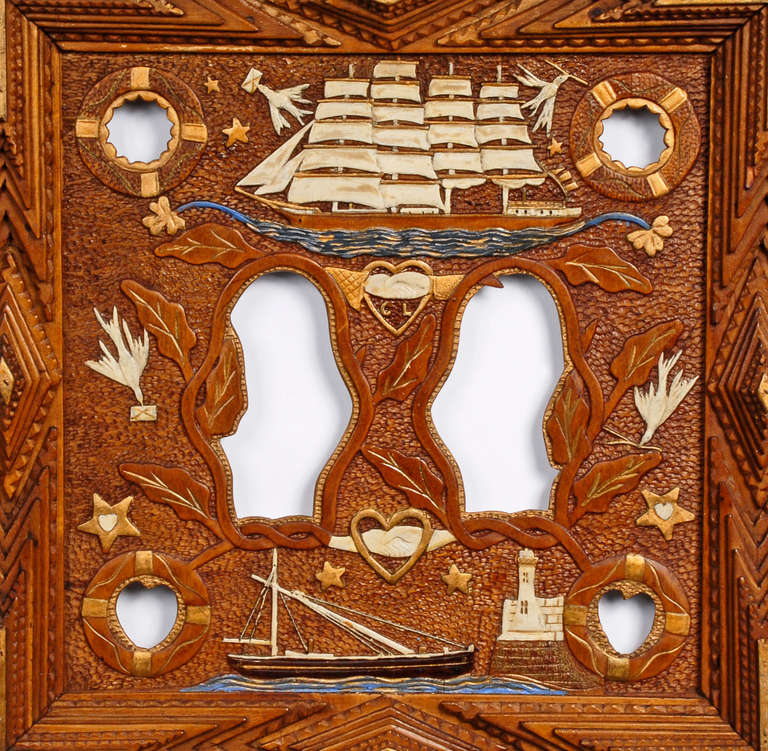 Folk Art Fine Nautical Themed Tramp Art Frame with Relief Carvings For Sale