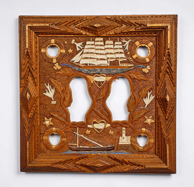 Fine Nautical Themed Tramp Art Frame with Relief Carvings