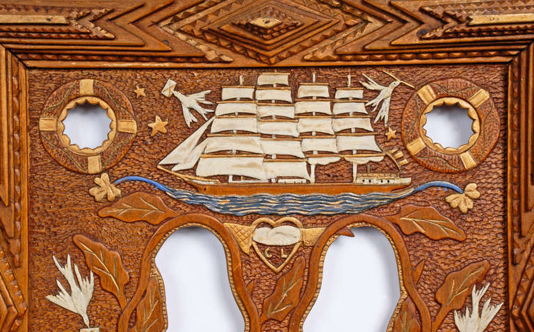 Hand-Carved Fine Nautical Themed Tramp Art Frame with Relief Carvings For Sale