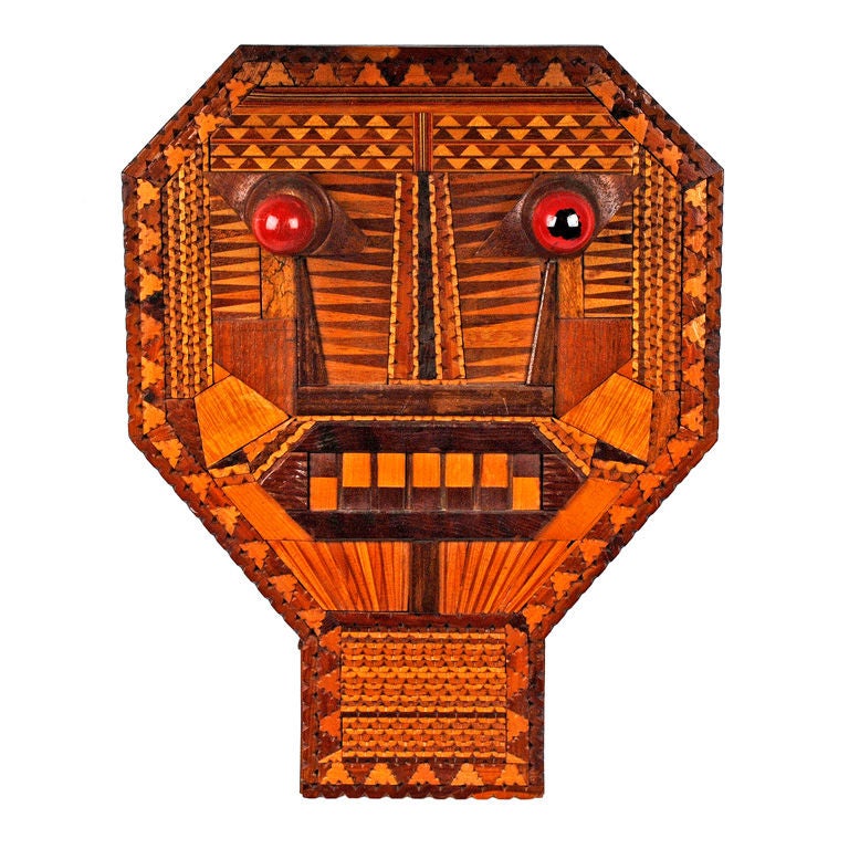 Whimsical Tramp Art & Folk Marquetry Robot Head w Red Bulb Eyes