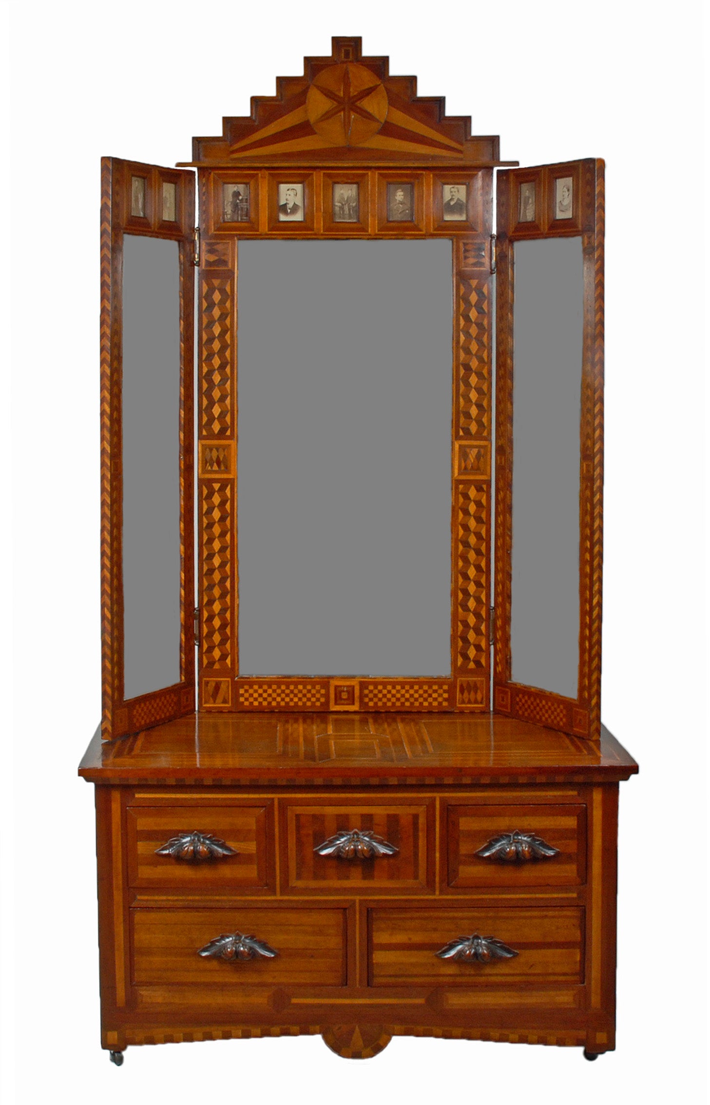 Exceptional Folk Art Marquetry Stand with Tri-fold Mirror For Sale