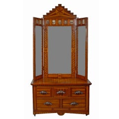 Exceptional Folk Art Marquetry Stand with Tri-fold Mirror