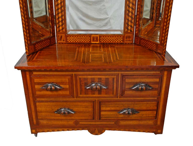 Exceptional Folk Art Marquetry Stand with Tri-fold Mirror For Sale 2